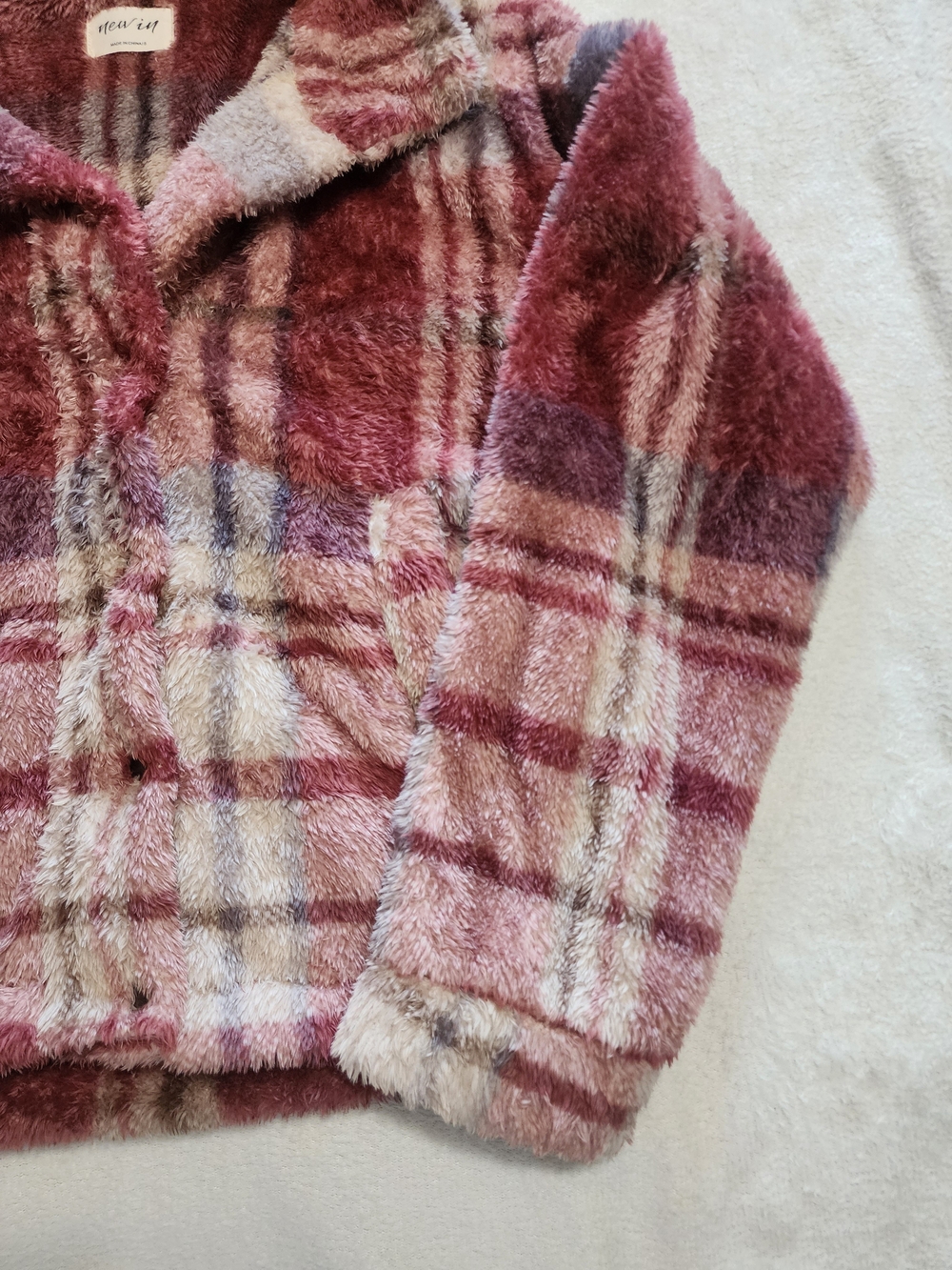 New In Fleece Plaid Jacket Women Size S Pink Burgundy Fuzzy Teddy Coat - Picture 3 of 9